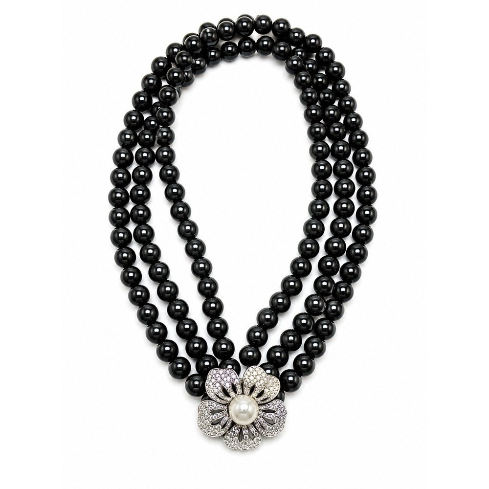 Vintage Black Glass Bead Necklace Triple Strand Floral Rhinestone Statement 14"